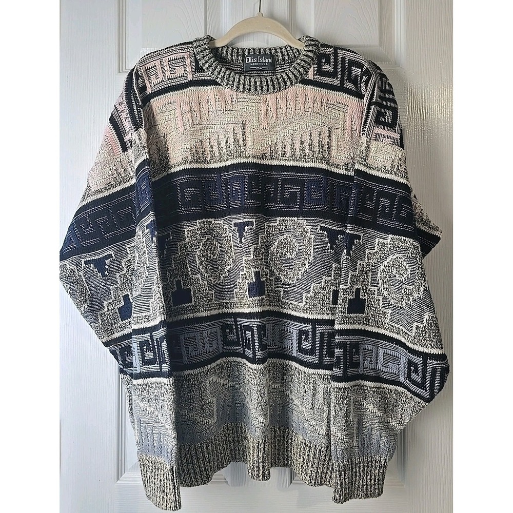 Vintage Ellis Island Knit Sweater Men's Large Navy White 90's USA Grandpa